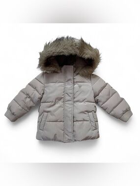 Toddler Girls Puffer Winter Jacket with Faux Fur Hood - Beige Size 2